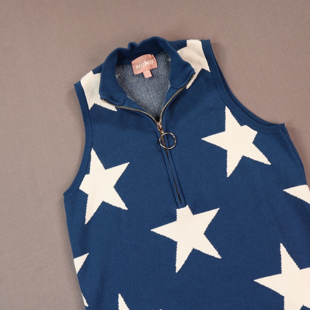 Show Me Your MuMu Zoe Zip Dress Womens XS Navy Stars Knit Mock Neck Mini